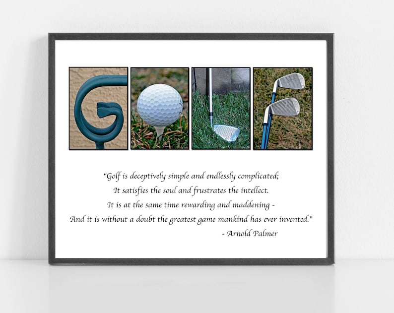 Puede incluir: Impresi&oacute;n enmarcada con la palabra "GOLF" deletreada con im&aacute;genes individuales. La "G" es una escultura de metal turquesa, la "O" es una pelota de golf en un tee, la "L" es un palo de golf y la "F" son dos palos de golf. Texto de Arnold Palmer debajo.