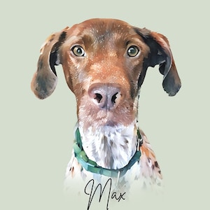 Puede incluir: Retrato estilo acuarela de un perro con pelaje marr&oacute;n y orejas ca&iacute;das. El perro lleva un collar verde y el nombre "Max" est&aacute; escrito en cursiva debajo. El fondo es de color verde claro.