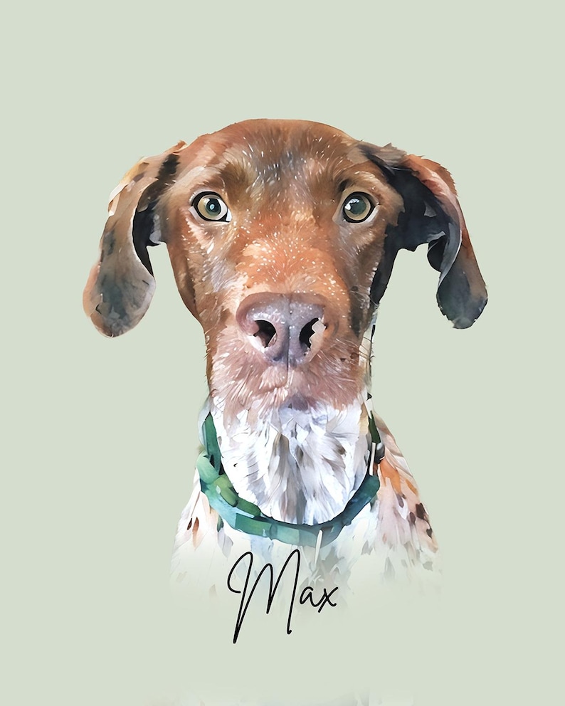Puede incluir: Retrato estilo acuarela de un perro con pelaje marr&oacute;n y orejas ca&iacute;das. El perro lleva un collar verde y el nombre "Max" est&aacute; escrito en cursiva debajo. El fondo es de color verde claro.