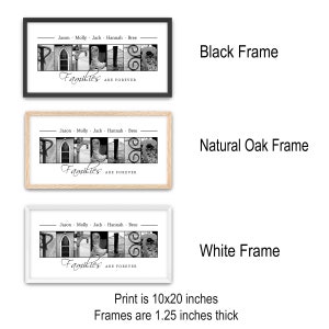 May include: Framed art prints with the word "FAMILIES" spelled out in black and white images. The prints are available in black, natural oak, and white frames. The print size is 10x20 inches, and the frames are 1.25 inches thick.