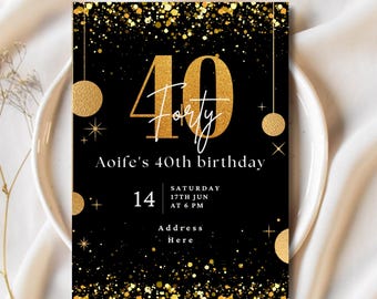 40th Birthday Invitation Template | Black & Gold Glitter Design | Editable Canva Template | Digital Download