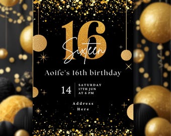 16th Birthday Invitation Template | Black & Gold Glitter Design | Editable Canva Template | Digital Download