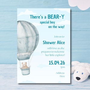 Convite para Chá de Bebê de Menino | Tema Balão de Ar Quente Azul e Urso | Modelo Editável do Canva | Download Digital