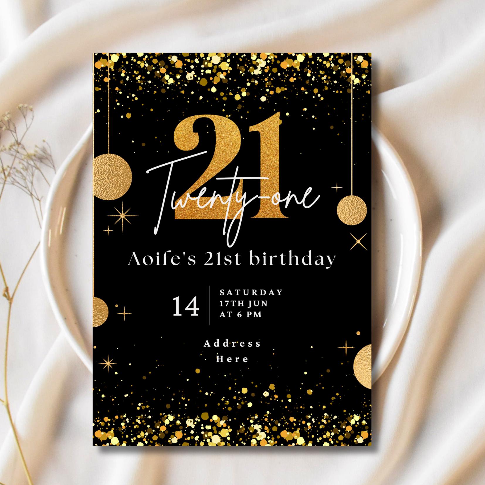 21st Birthday Invitation Template | Black & Gold Glitter Design | Editable Canva Template | Digital Download