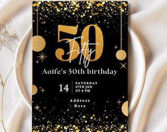 50th Birthday Invitation Template | Black & Gold Glitter Design | Editable Canva Template | Digital Download