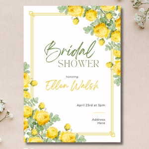 Plantilla de invitación para despedida de soltera / Rosa amarilla floral / Plantilla editable de Canva / Descarga digital