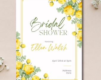 Bridal Shower Invitation Template | Yellow Rose Floral Theme | Editable Canva Template | Digital Download