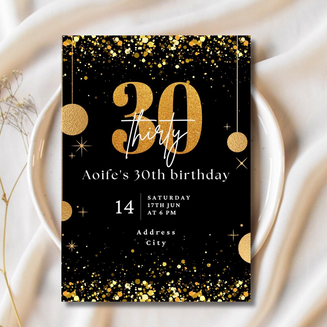 30th Birthday Invitation Template | Black & Gold Glitter Design ...