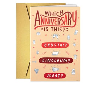 Cartão de Aniversário Engraçado – "Que Aniversário É Este?" Cartão para Casais | Cristal? Linóleo? Carne? – Cartão de Amor Excêntrico para Ele e Ela
