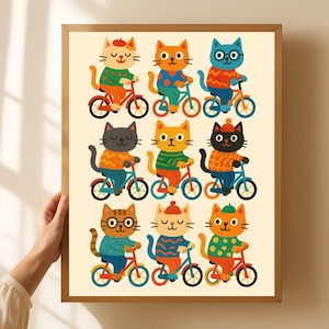 Cycling Cats, Colorful Cat Wall Art Print for Kids, Nursery Decor, Kids Room Poster, Cute cats, animals, Cat Lovers, Cats on bikes