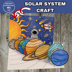 May include: A colourful solar system craft showing planets, a sun, a rocket, and an astronaut against a starry backdrop. The planets are labelled. The words "Solar System Craft" and "Instant Download" are also visible.