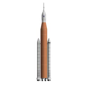 以下が含まれることがあります： 白い背景にロケットの全身画像。ロケットは主にオレンジ色で、白とグレーのアクセントがあります。2つの白いブースターロケットが両側に付いています。上部は白で、NASAのロゴが付いています。