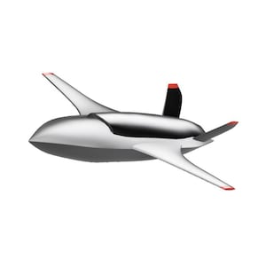 May include: A futuristic silver airplane with a sleek design. The aircraft features a rounded fuselage, angled wings, and a vertical stabilizer. The wingtips and stabilizer tips have red accents. The plane is set against a white background.