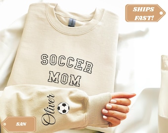 Personalize Soccer Mom Kids Name On Sleeve Sweatshirt, Mom Soccer Sweater, Soccer Mama Shirt, Gift for Soccer Mom, Fall Soccer Season Shirt