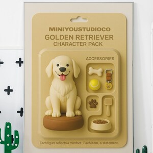 Paquete de inicio de retrato de mascota personalizado de Golden Retriever: figura de perro estilo caricatura, regalo