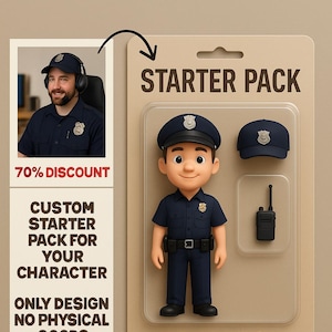 Pacote inicial de retrato policial personalizado, ilustração de policial personalizada em estilo desenho animado, presente digital para fãs da aplicação da lei