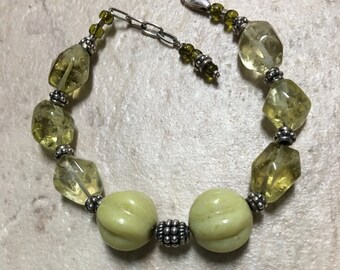 Jade and Quarts Bracelet, Genuine Semiprecious stone bracelet with Lemon Jade and Lemon Quartz, Jade, Sterling Sivler Bracelet,