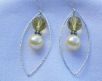 Pearl Earrings, Sterling Silver and Pearl Earrings, Crystal Earrings,  Yellow Pearl, Yellow Crystal and Sterling Silver Earrings,