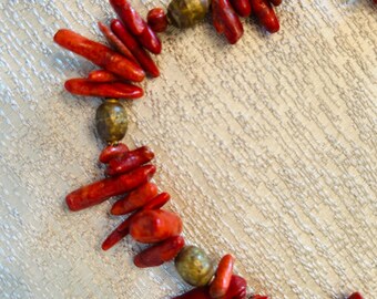 Genuine Branch Coral Necklace and Earrings Set with Gold Foiled Beads