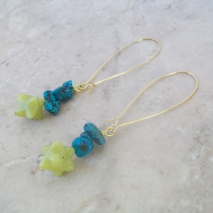 Turquoise and Jade Earrings, Long Turquoise and Jade Earrings, Handmade in USA, Genuine Stone Earring, Star shaped Earrings, Long Earrings,