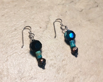 Swarovski Crystal Earrings, Turquoise, Swarovski Crystal & Freshwater Pearl Earrings, GenuineTurquoise Earrings, Pearl Earrings,