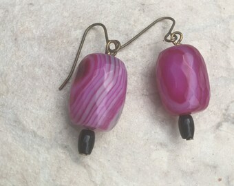 Agate Earrings, Fuchsia Agate Earrings, Agate and Antique Brass Earrings