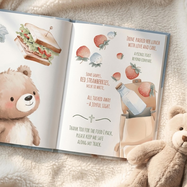 May include: A children's book illustration featuring a teddy bear, a sandwich, and a picnic scene with strawberries and a milk bottle. Text includes phrases like "Irene packed her lunch" and "Thank you for the food I pack."