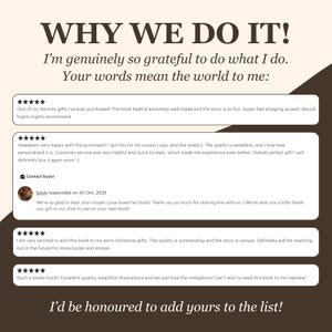 May include: A graphic with text that reads "WHY WE DO IT!" and customer testimonials. The testimonials are in white boxes with black text and star ratings. The bottom of the graphic reads "I'd be honoured to add yours to the list!"