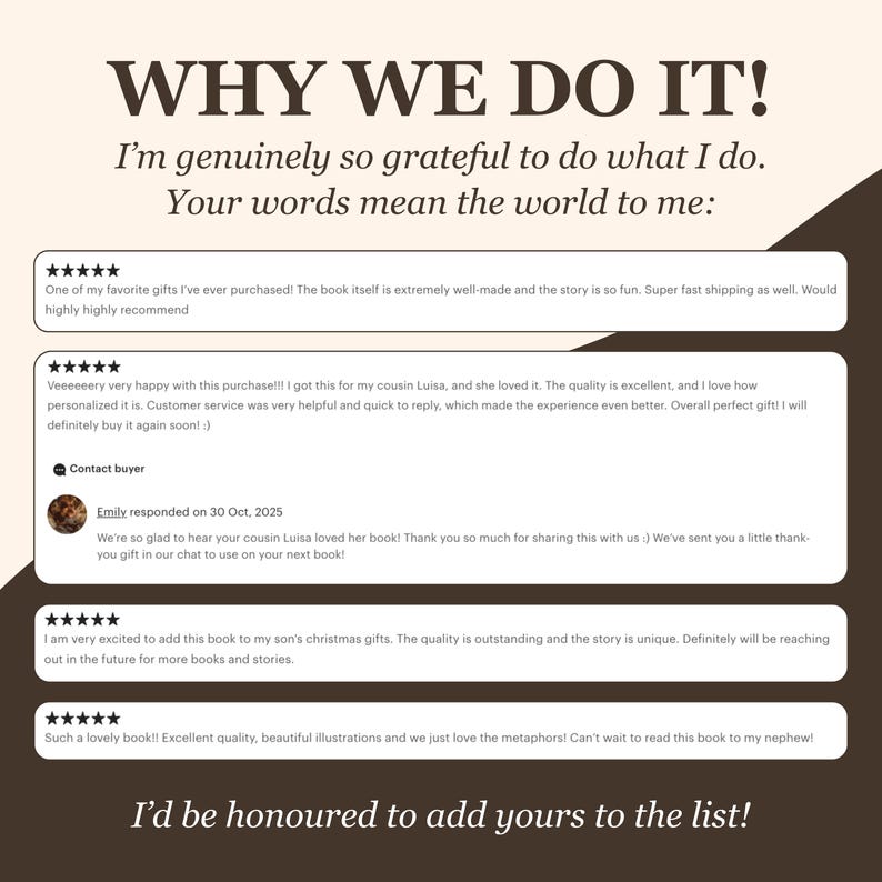 May include: A graphic with text that reads "WHY WE DO IT!" and customer testimonials. The testimonials are in white boxes with black text and star ratings. The bottom of the graphic reads "I'd be honoured to add yours to the list!"