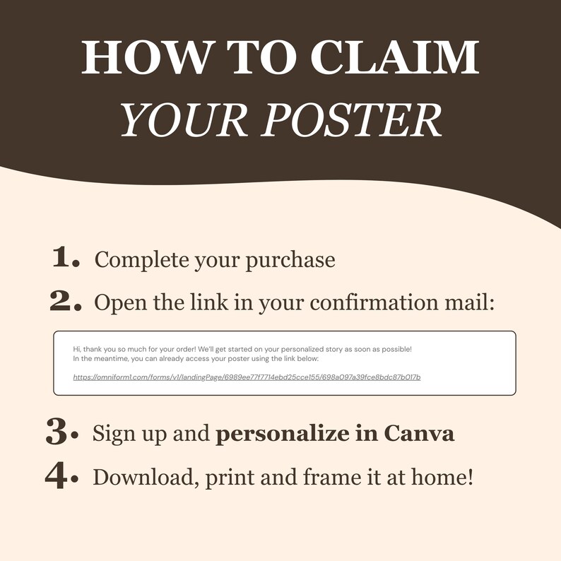 May include: Poster claim instructions on a beige background. Text reads "HOW TO CLAIM YOUR POSTER" in white. Steps include completing purchase, opening a link, personalizing in Canva, and downloading.