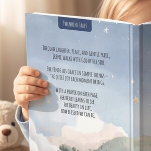 May include: A children's book titled "Twinkled Tales" with a blue cover and text. The text includes phrases like "Through laughter, peace, and gentle pride" and "Irene walks with God by her side." The book has a starry sky illustration.