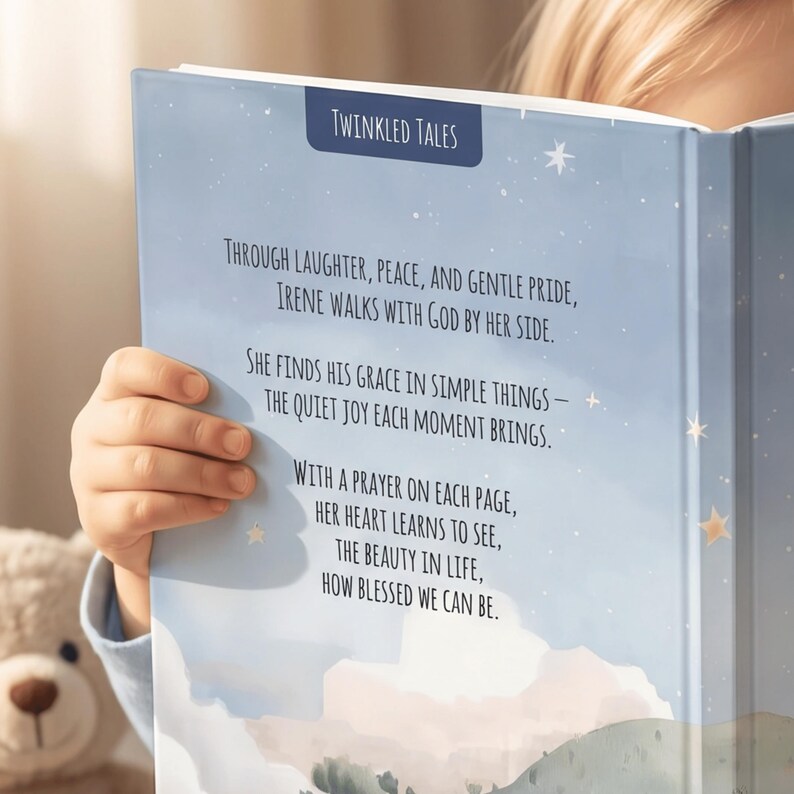 May include: A children's book titled "Twinkled Tales" with a blue cover and text. The text includes phrases like "Through laughter, peace, and gentle pride" and "Irene walks with God by her side." The book has a starry sky illustration.