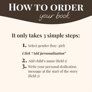 May include: A graphic with instructions on how to order a book. The text reads "HOW TO ORDER your book." and lists three steps: select gender, add personalization, and add the child's name and dedication message.