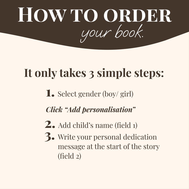 May include: A graphic with instructions on how to order a book. The text reads "HOW TO ORDER your book." and lists three steps: select gender, add personalization, and add the child's name and dedication message.