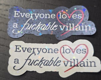 May include: Two stickers with the phrase "Everyone loves a fuckable villain." One sticker is on a dark blue background with a star pattern, and the other is on a white background. Both have a pink heart.