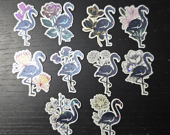 Black Flamingo with Flowers - Jerry in Arcadia - Starry Holographic, Waterproof Vinyl 2" Sticker