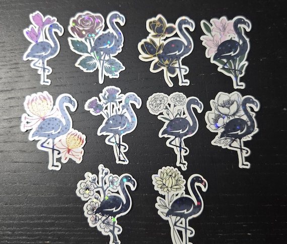 Black Flamingo with Flowers - Jerry in Arcadia - Starry Holographic, Waterproof Vinyl 2" Sticker
