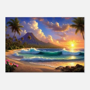 Sunset Beach Canvas Art - Ocean Waves with Palm Trees and Glowing Sunset Art - Coastal Wall Decor for Living Room, Bedroom, Beach House Art