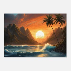 Sunset Beach Canvas Art - Ocean Waves with Palm Trees and Glowing Sunset Art - Coastal Wall Decor for Living Room, Bedroom, Beach House Art