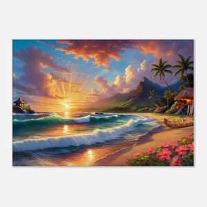 Sunset Beach Canvas Art - Ocean Waves with Palm Trees and Glowing Sunset Art - Coastal Wall Decor for Living Room, Bedroom, Beach House Art