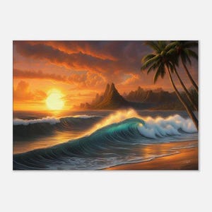 Sunset Beach Canvas Art - Ocean Waves with Palm Trees and Glowing Sunset Art - Coastal Wall Decor for Living Room, Bedroom, Beach House Art