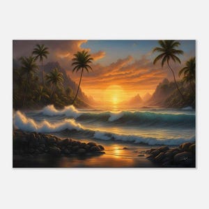 Sunset Beach Canvas Art - Ocean Waves with Palm Trees and Glowing Sunset Art - Coastal Wall Decor for Living Room, Bedroom, Beach House Art