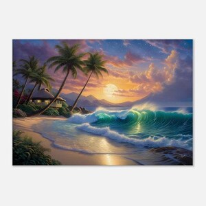 Sunset Beach Canvas Art - Ocean Waves with Palm Trees and Glowing Sunset Art - Coastal Wall Decor for Living Room, Bedroom, Beach House Art