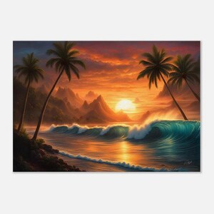 Sunset Beach Canvas Art - Ocean Waves with Palm Trees and Glowing Sunset Art - Coastal Wall Decor for Living Room, Bedroom, Beach House Art