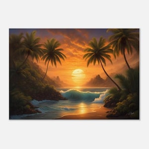 Sunset Beach Canvas Art - Ocean Waves with Palm Trees and Glowing Sunset Art - Coastal Wall Decor for Living Room, Bedroom, Beach House Art