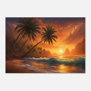 Sunset Beach Canvas Art - Ocean Waves with Palm Trees and Glowing Sunset Art - Coastal Wall Decor for Living Room, Bedroom, Beach House Art