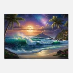 Sunset Beach Canvas Art - Ocean Waves with Palm Trees and Glowing Sunset Art - Coastal Wall Decor for Living Room, Bedroom, Beach House Art