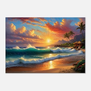 Sunset Beach Canvas Art - Ocean Waves with Palm Trees and Glowing Sunset Art - Coastal Wall Decor for Living Room, Bedroom, Beach House Art