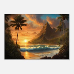 Sunset Beach Canvas Art - Ocean Waves with Palm Trees and Glowing Sunset Art - Coastal Wall Decor for Living Room, Bedroom, Beach House Art