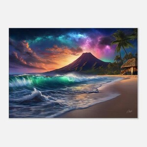 Sunset Beach Canvas Art - Ocean Waves with Palm Trees and Glowing Sunset Art - Coastal Wall Decor for Living Room, Bedroom, Beach House Art